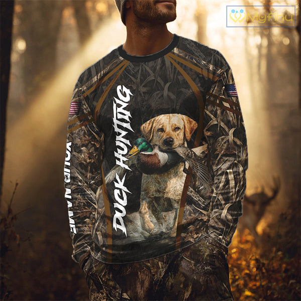Waterfowl Duck Hunting Yellow Labrador Retriever Camo US Flag 3D Shirts, Duck Hunting Gifts NBT239