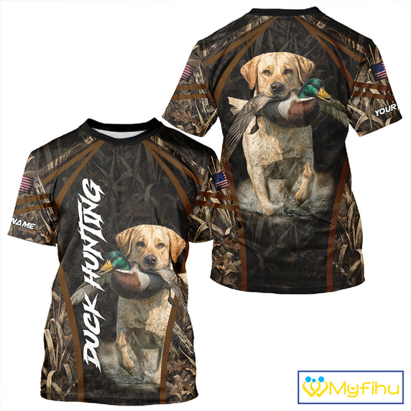Waterfowl Duck Hunting Yellow Labrador Retriever Camo US Flag 3D Shirts, Duck Hunting Gifts NBT239