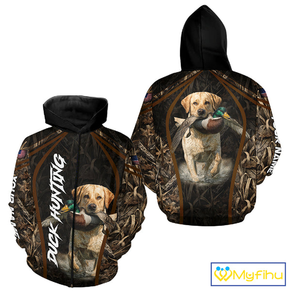 Waterfowl Duck Hunting Yellow Labrador Retriever Camo US Flag 3D Shirts, Duck Hunting Gifts NBT239