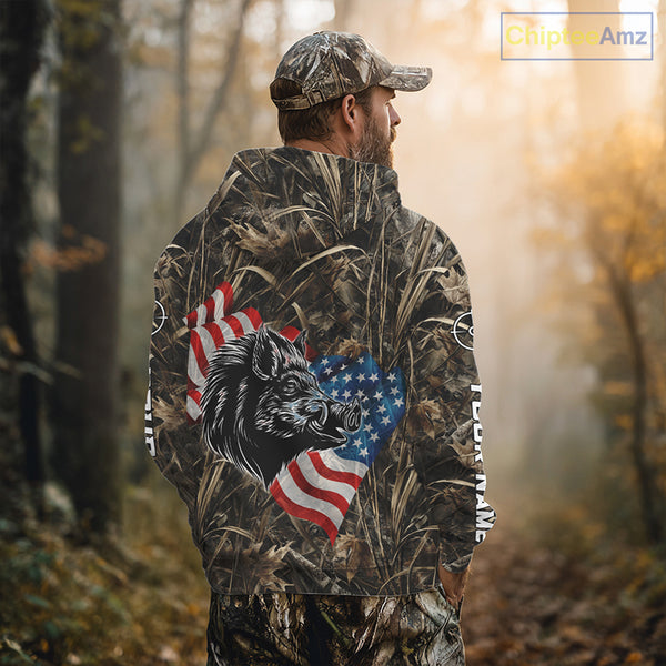 Custom Wild Boar Hunting Camo Full Printing US Flag Shirts Boar Hunting Gifts for Hunters NBT257