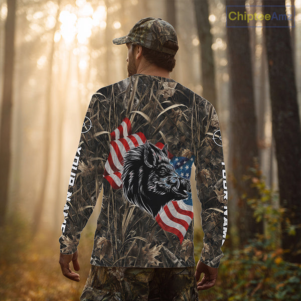 Custom Wild Boar Hunting Camo Full Printing US Flag Shirts Boar Hunting Gifts for Hunters NBT257