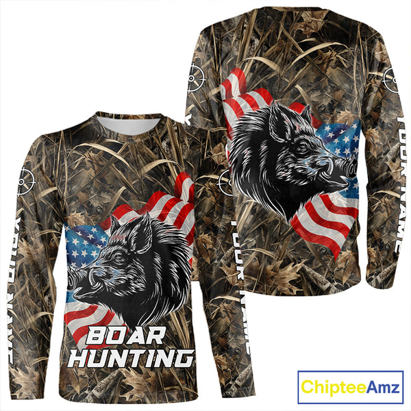 Custom Wild Boar Hunting Camo Full Printing US Flag Shirts Boar Hunting Gifts for Hunters NBT257