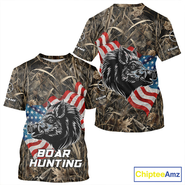 Custom Wild Boar Hunting Camo Full Printing US Flag Shirts Boar Hunting Gifts for Hunters NBT257