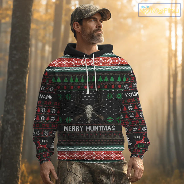 Merry Huntmas Deer Hunting Skull Custom Name Ugly Christmas All Over Printed Shirts, Christmas Gift NBT299
