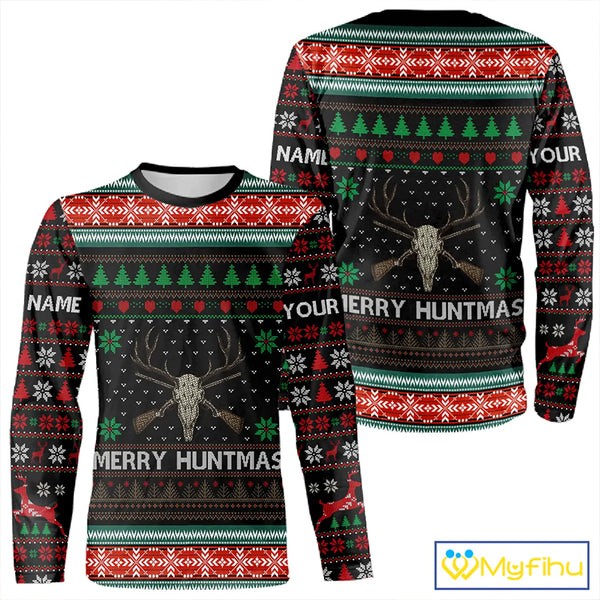 Merry Huntmas Deer Hunting Skull Custom Name Ugly Christmas All Over Printed Shirts, Christmas Gift NBT299