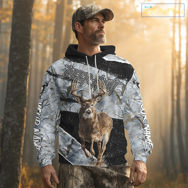 Winter Whitetail Deer Camo Customize Name 3D Printed Long Sleeve Hunting Shirts for Men, Hunting Gifts NBT260