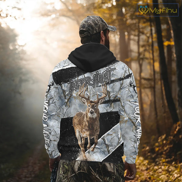 Winter Whitetail Deer Camo Customize Name 3D Printed Long Sleeve Hunting Shirts for Men, Hunting Gifts NBT260