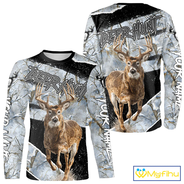 Winter Whitetail Deer Camo Customize Name 3D Printed Long Sleeve Hunting Shirts for Men, Hunting Gifts NBT260