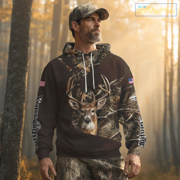 Deer Hunting Big Game Brown Camo US Flag Custom Name 3D All Over Print Shirts, Hunting Gifts NBT263