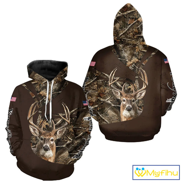 Deer Hunting Big Game Brown Camo US Flag Custom Name 3D All Over Print Shirts, Hunting Gifts NBT263