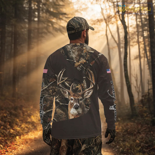 Deer Hunting Big Game Brown Camo US Flag Custom Name 3D All Over Print Shirts, Hunting Gifts NBT263