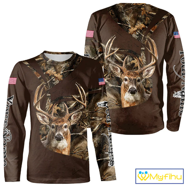 Deer Hunting Big Game Brown Camo US Flag Custom Name 3D All Over Print Shirts, Hunting Gifts NBT263