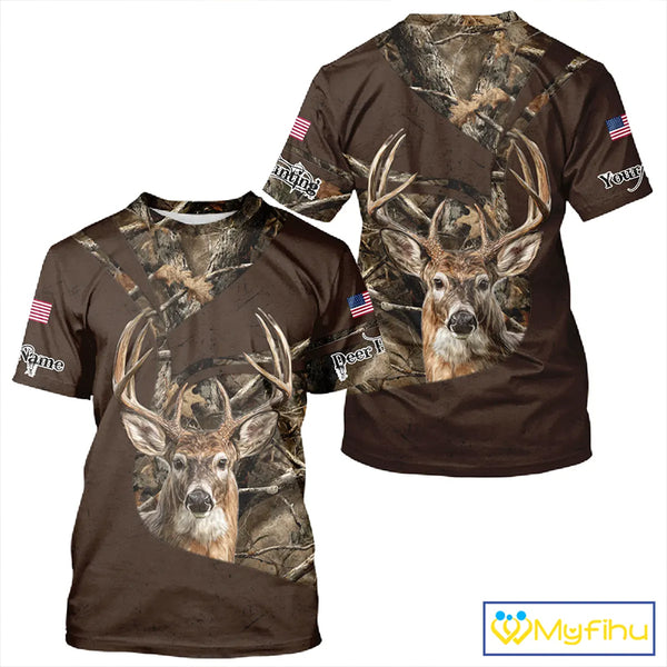 Deer Hunting Big Game Brown Camo US Flag Custom Name 3D All Over Print Shirts, Hunting Gifts NBT263