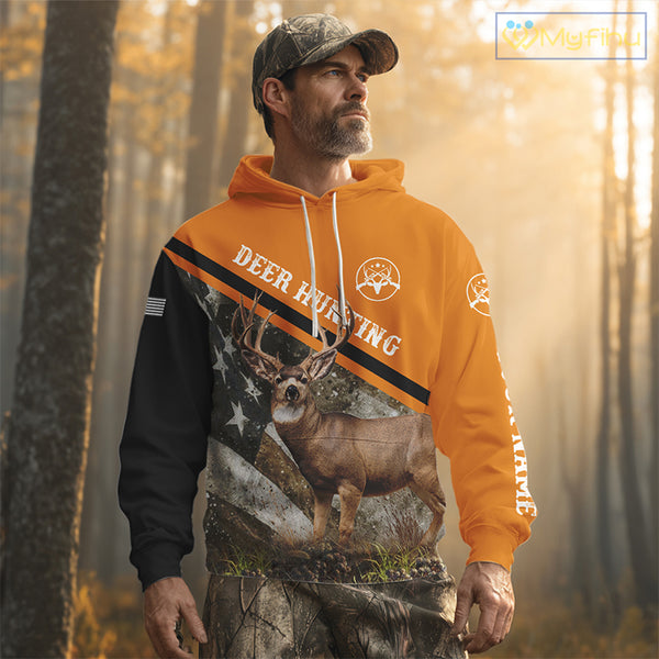 Deer Hunting Orange Camo American Flag 3D Shirt Custom Name Perfect Gift for Hunters NBT266