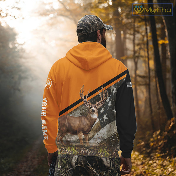 Deer Hunting Orange Camo American Flag 3D Shirt Custom Name Perfect Gift for Hunters NBT266