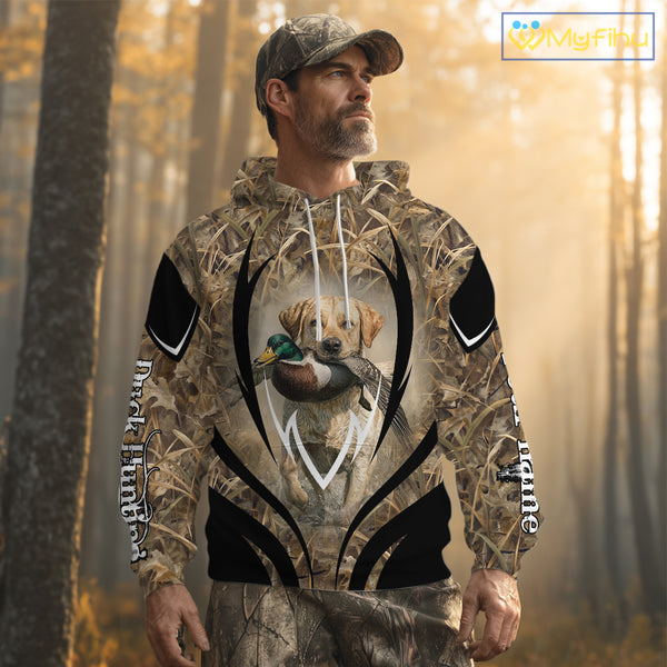 Mallard Duck Hunting Yellow Labrador Retriever Camo 3D Custom Name Shirts, Hunting Gifts NBT220