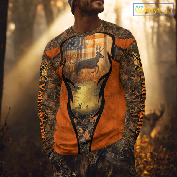 Deer Hunting Autumn Blaze Camo with American Flag Shirts for Men, Best Gift Ideas for Hunter NBT41