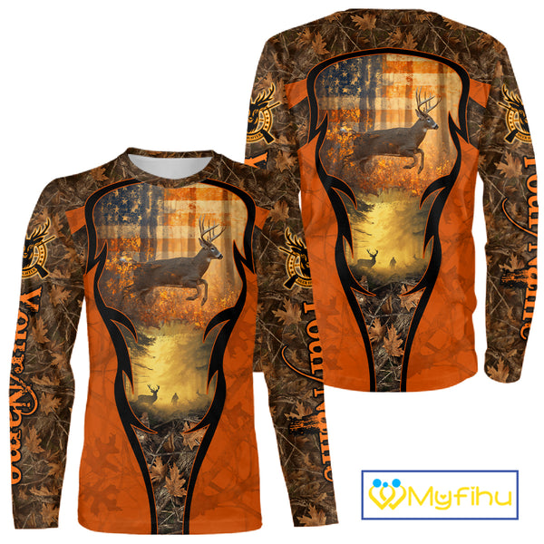 Deer Hunting Autumn Blaze Camo with American Flag Shirts for Men, Best Gift Ideas for Hunter NBT41