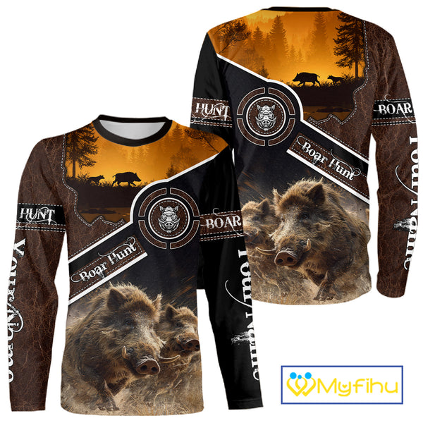 Wild Boar Hunting Leather Pattern Custom Name 3D All Over Printed Shirts Personalized Boar Shirt NBT143
