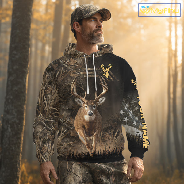 Custom Brown Camo with US Flag Deer Hunting Shirts for Men, Deer Hunting Clothes, Hunting Gifts NBT52
