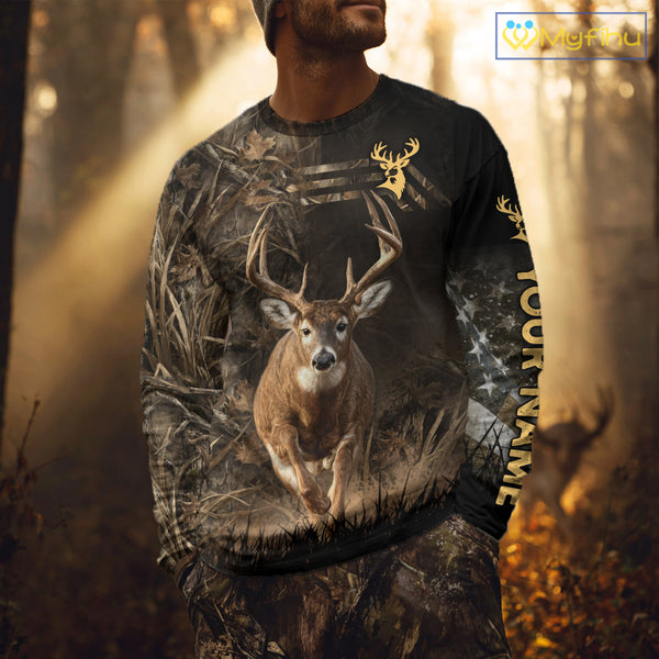 Custom Brown Camo with US Flag Deer Hunting Shirts for Men, Deer Hunting Clothes, Hunting Gifts NBT52
