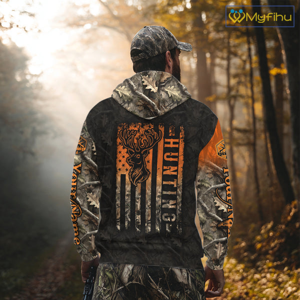 Orange Deer Camouflage US Flag Personalized Hunting Shirts, Hunting Outfit NBT57