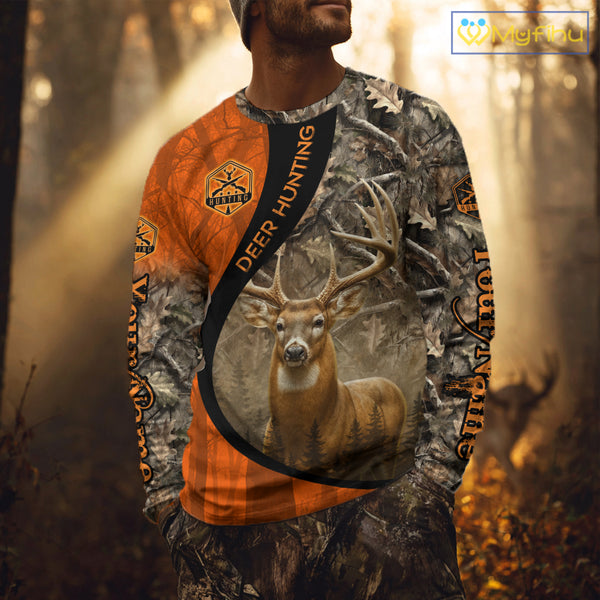 Orange Deer Camouflage US Flag Personalized Hunting Shirts, Hunting Outfit NBT57