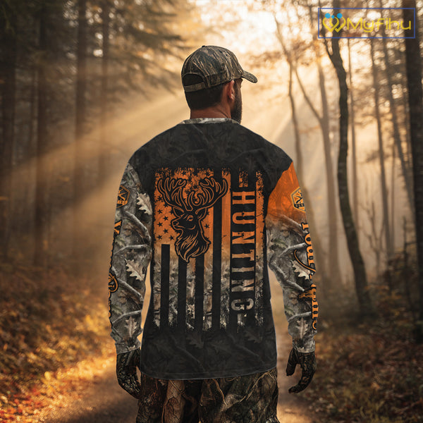 Orange Deer Camouflage US Flag Personalized Hunting Shirts, Hunting Outfit NBT57
