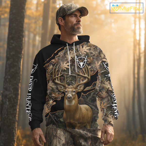 Whitetail Deer Hunting Hoodie, Longsleeves Shirt – Brown Camo Custom Name for Big Game Hunters NBT270