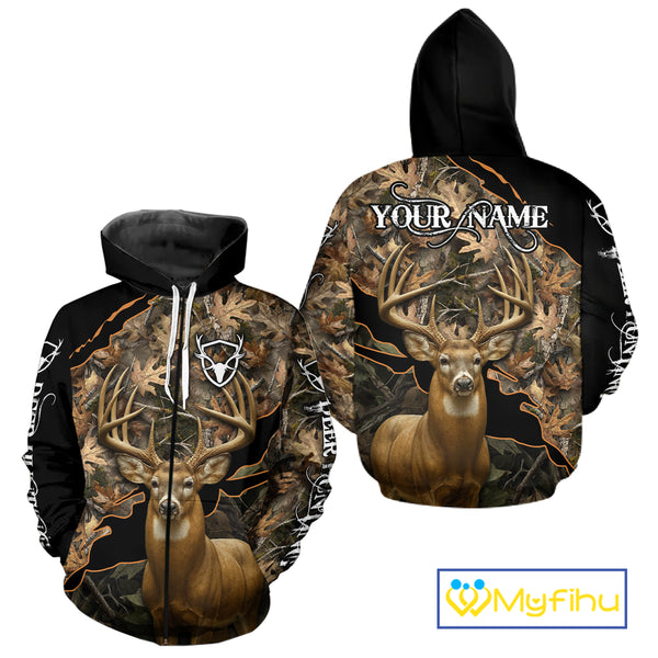 Whitetail Deer Hunting Hoodie, Longsleeves Shirt – Brown Camo Custom Name for Big Game Hunters NBT270
