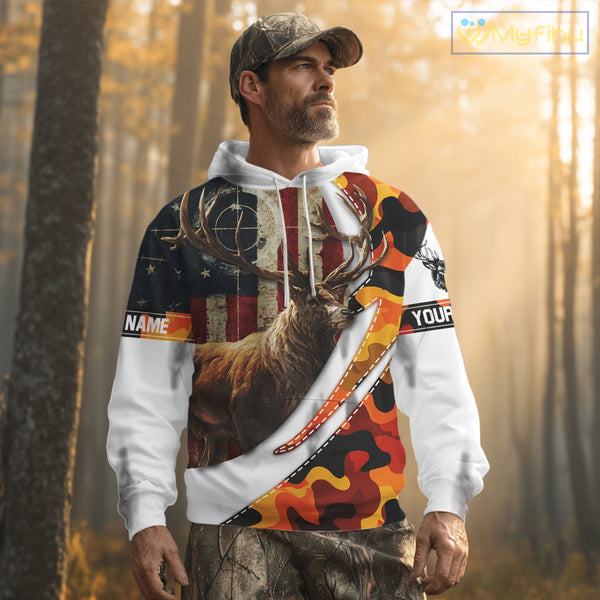Blaze Orange Camo Elk Hunting Hoodie, Longsleeve Shirt for Men, Custom Name NBT06