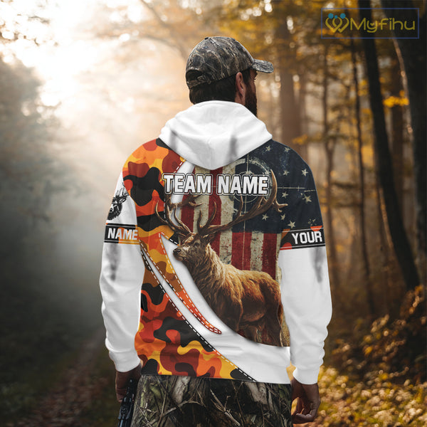 Blaze Orange Camo Elk Hunting Hoodie, Longsleeve Shirt for Men, Custom Name NBT06