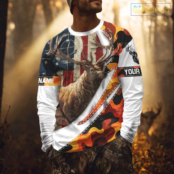 Blaze Orange Camo Elk Hunting Hoodie, Longsleeve Shirt for Men, Custom Name NBT06