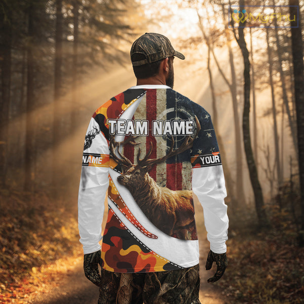 Blaze Orange Camo Elk Hunting Hoodie, Longsleeve Shirt for Men, Custom Name NBT06