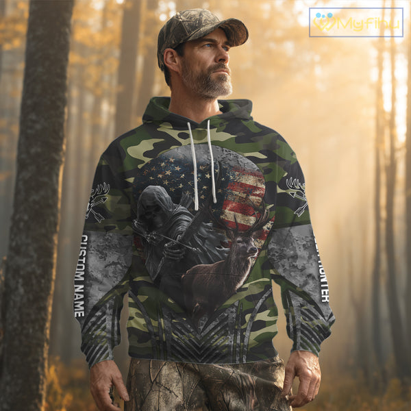 Grim Reaper US Flag Deer Hunting Hoodie, Longsleeve Shirt, Gifts for Hunters NBT07