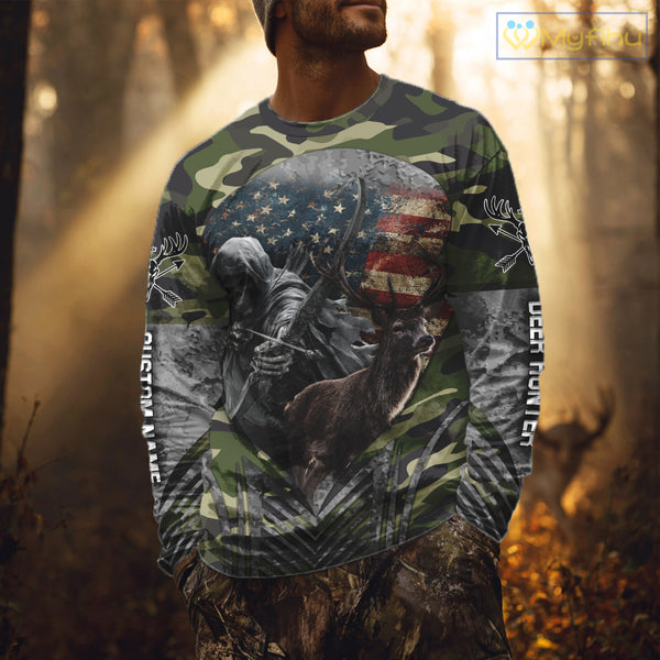 Grim Reaper US Flag Deer Hunting Hoodie, Longsleeve Shirt, Gifts for Hunters NBT07