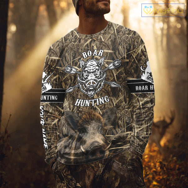 Personalized Wild Boar Hunting Camouflage Customize Name 3D All Over Printed Boar Hunting Shirts NBT104