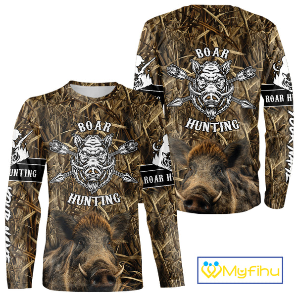 Personalized Wild Boar Hunting Camouflage Customize Name 3D All Over Printed Boar Hunting Shirts NBT104