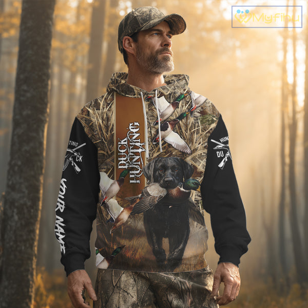 Duck Hunting with Black Lab Custom Name 3D All Over Print Camo Shirt, Hunting Gifts for Hunters NBT109