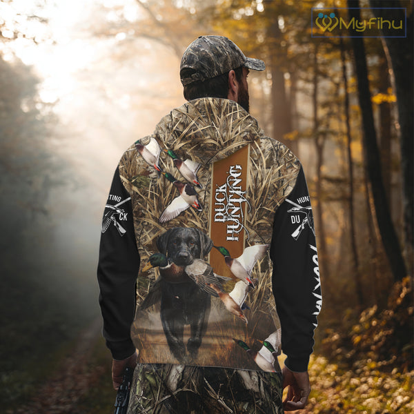 Duck Hunting with Black Lab Custom Name 3D All Over Print Camo Shirt, Hunting Gifts for Hunters NBT109