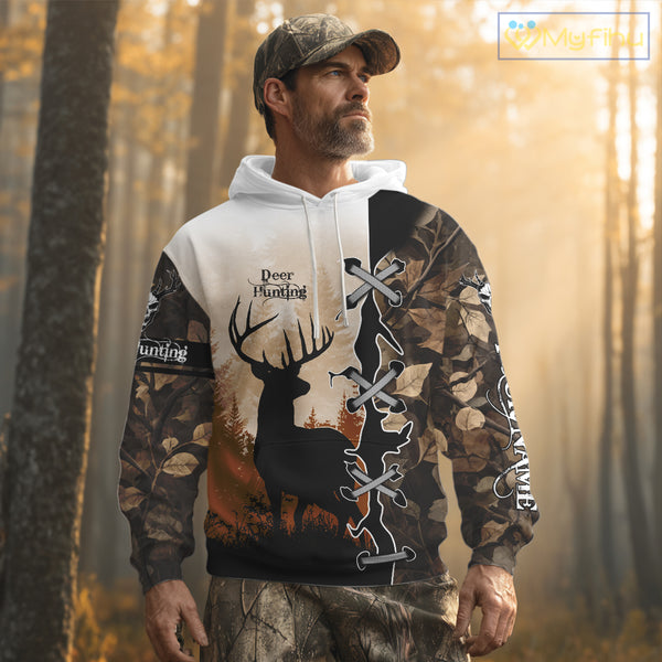 Whitetail Buck Hunting Hoodie, Longsleeve Shirt, Autumn Brown Camo, Perfect Hunter Gifts NBT15