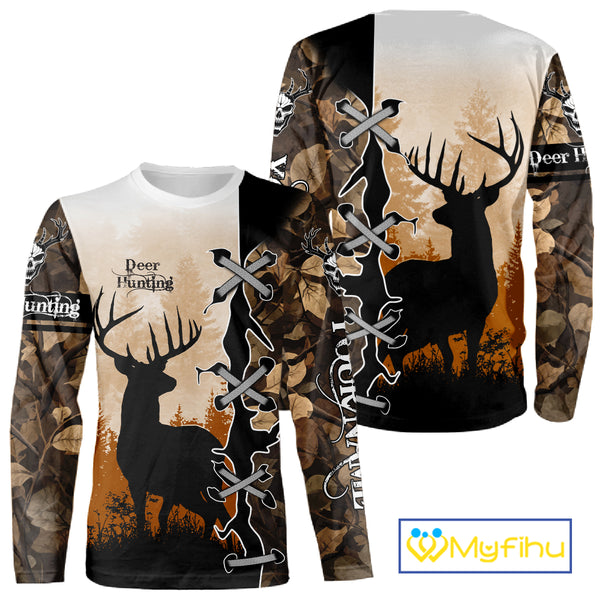 Whitetail Buck Hunting Hoodie, Longsleeve Shirt, Autumn Brown Camo, Perfect Hunter Gifts NBT15