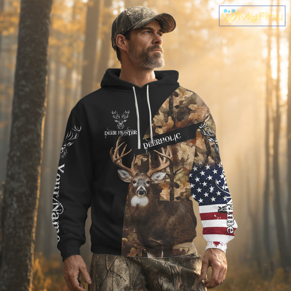 Whitetail Deer Hunting Shirt Camo With US Flag And Buck Head  – Best Hunter Gift NBT22