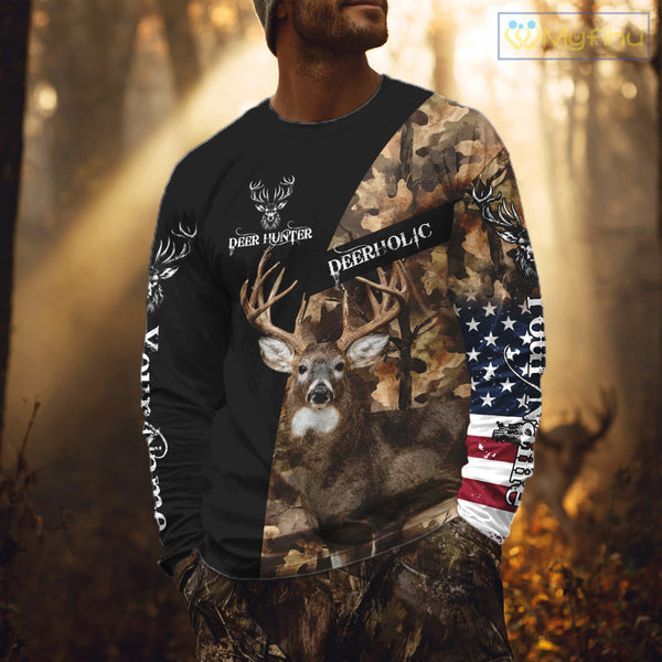 Whitetail Deer Hunting Shirt Camo With US Flag And Buck Head  – Best Hunter Gift NBT22