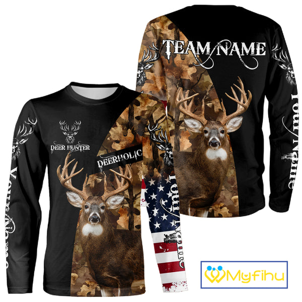Whitetail Deer Hunting Shirt Camo With US Flag And Buck Head  – Best Hunter Gift NBT22