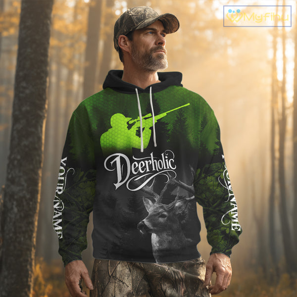 Deer Hunting Shirt Deerholic Hunter Silhouette – Green Camo Big Game Rifle for Men NBT25