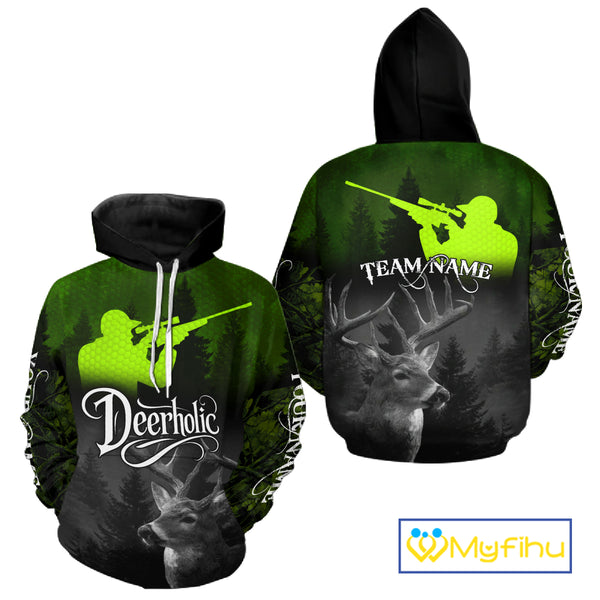 Deer Hunting Shirt Deerholic Hunter Silhouette – Green Camo Big Game Rifle for Men NBT25