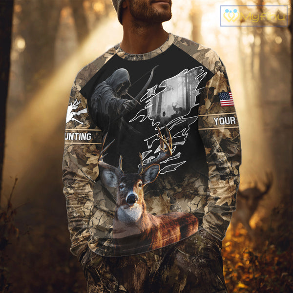 Brown Camo Grim Reaper Whitetail Deer Hunting Shirt – Bow Hunting Apparel for Men, Hunter Gifts NBT28