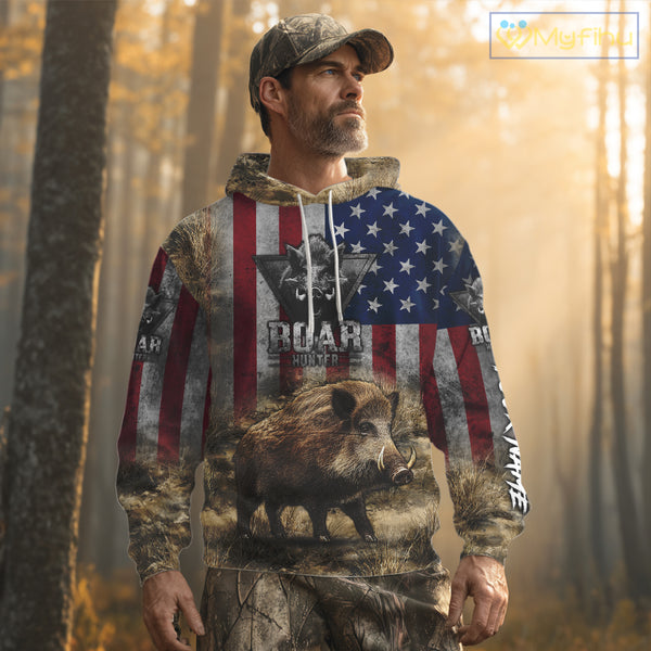 American Flag Wild Boar Camo Custom Name 3D Shirts, Boar Hunting Clothes for Hunters NBT132