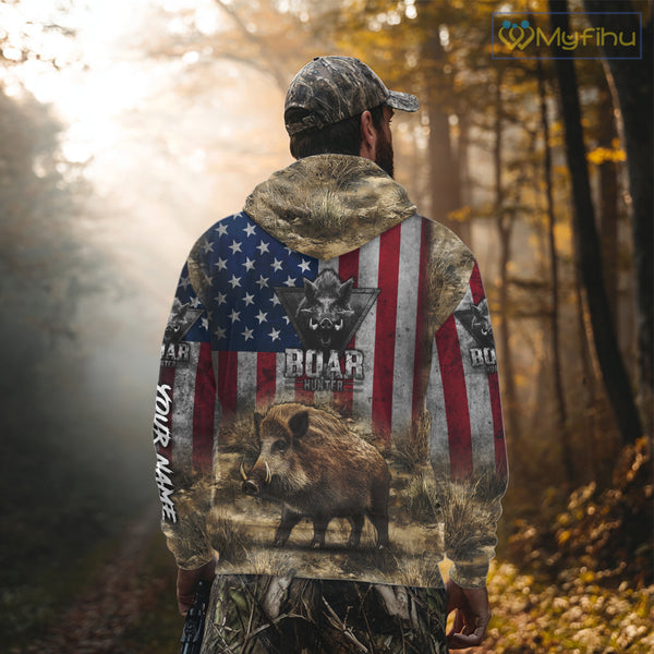 American Flag Wild Boar Camo Custom Name 3D Shirts, Boar Hunting Clothes for Hunters NBT132